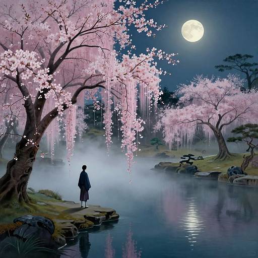 Digital artwork of a lone figure in a kimono standing by a serene moonlit pond, surrounded by pink cherry blossom trees under a full moon. Mist