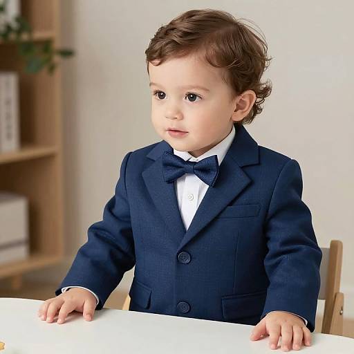 Photograph of a cute, fair-skinned toddler with curly brown hair, wearing a navy blue suit with bow tie, sitting at a white table.