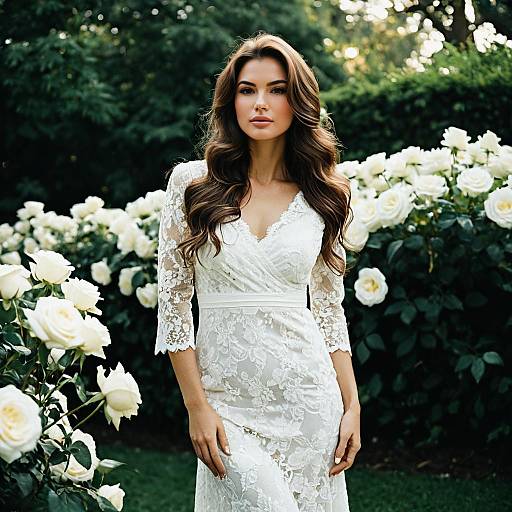 Woman in White Lace Dress Among White Roses