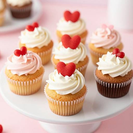 Photograph of six decorated cupcakes with white or pink swirled frosting and red heart-shaped sprinkles, on a white stand.