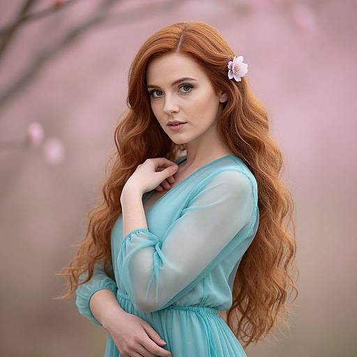 Photograph of a fair-skinned, red-haired woman with wavy hair, wearing a sheer, light blue dress, a white flower in her hair