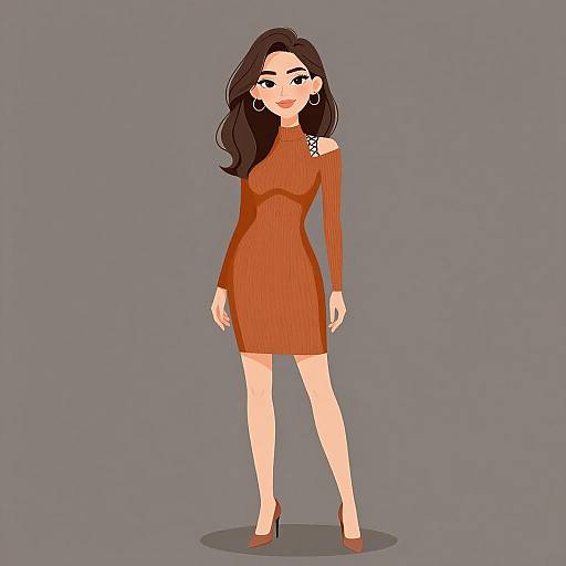 Digital illustration of a fair-skinned woman with long dark brown hair, wearing a tight, long-sleeve, red knit dress and red high heels