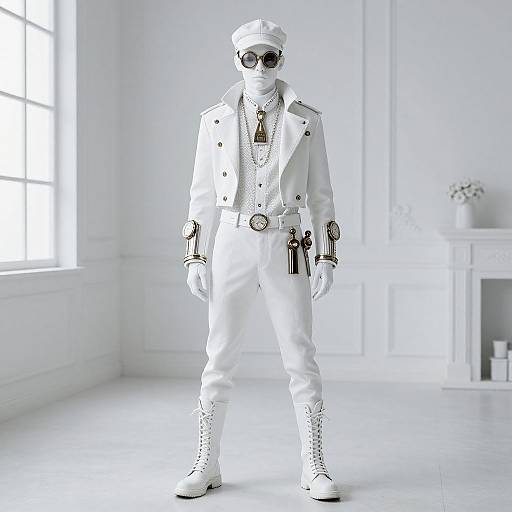 Photograph of a white-clad, masked man in a military-style uniform, sunglasses, and boots, standing in a bright, minimalistic white room