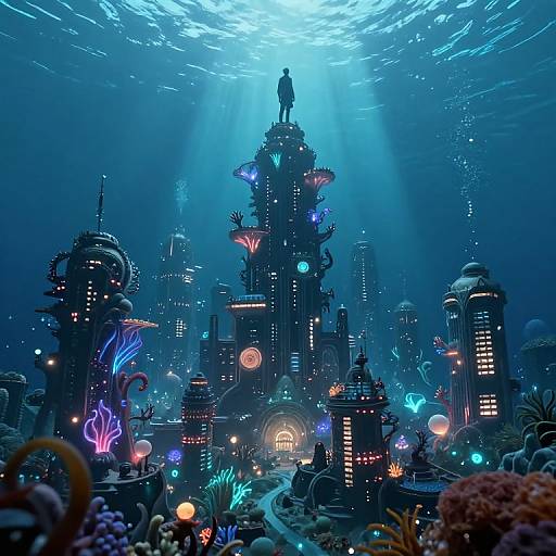 Digital artwork: Futuristic underwater cityscape with glowing neon lights, bioluminescent plants, towering buildings, and a silhouetted figure standing
