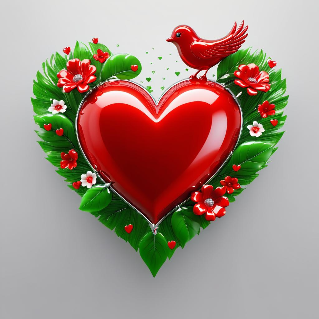 Red Heart with Flowers and Bird Design