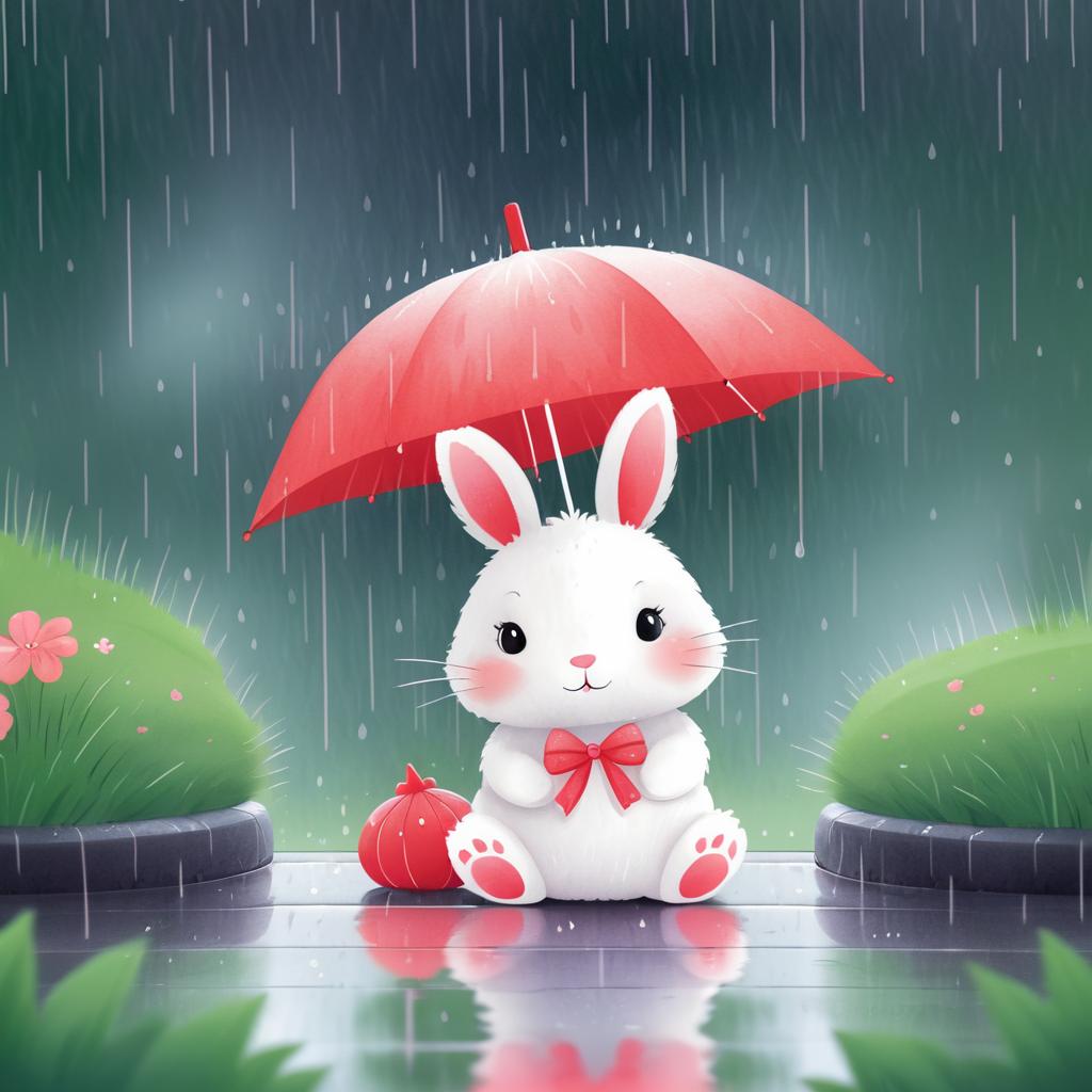 Charming Bunny Under Red Umbrella