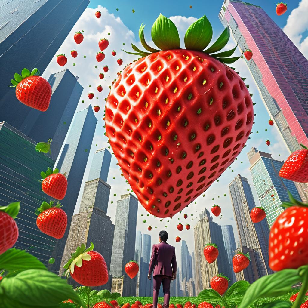 Surreal Giant Strawberry Falls in City