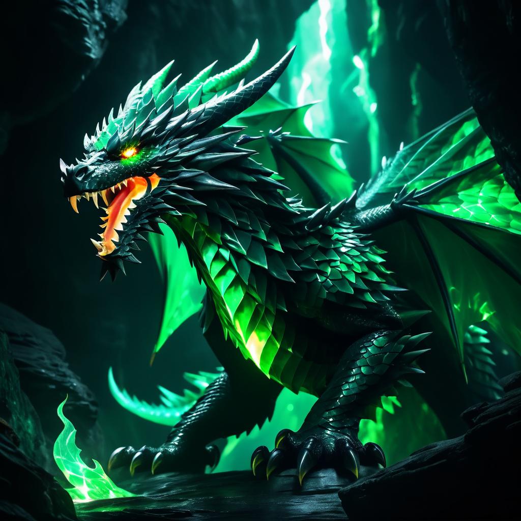 Fierce Emerald Dragon in Dark Cave