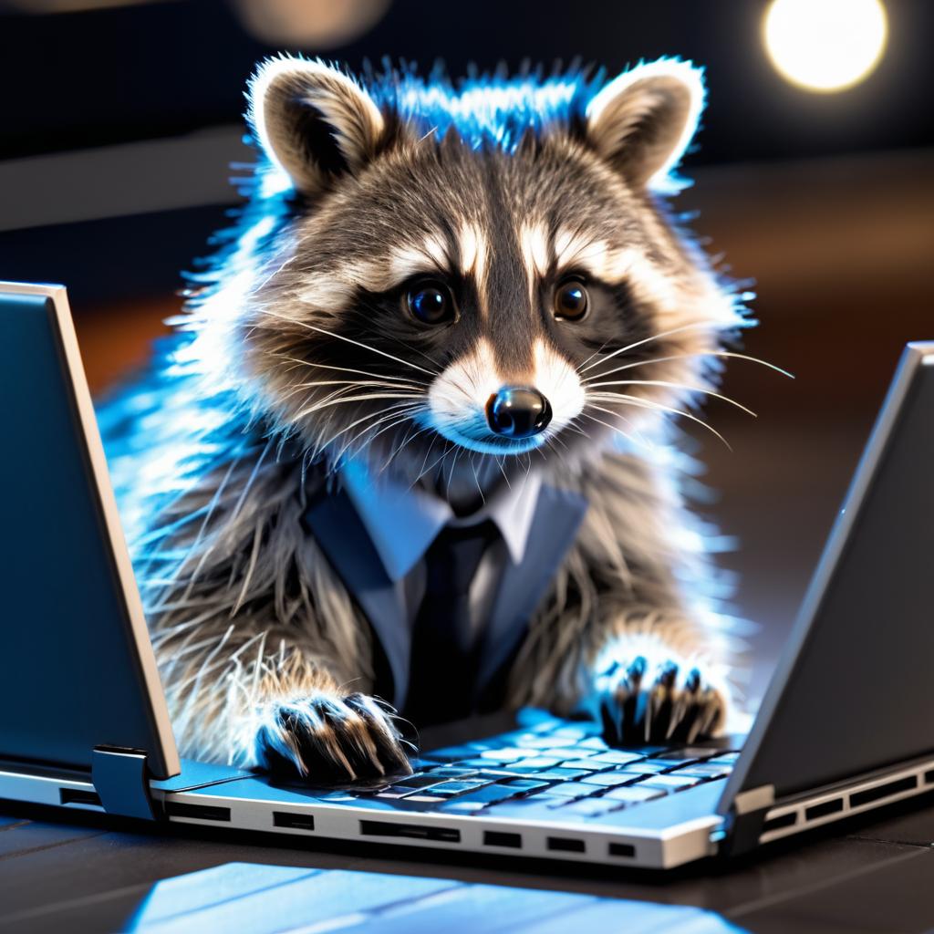 Raccoon Concentrating on Laptop Work