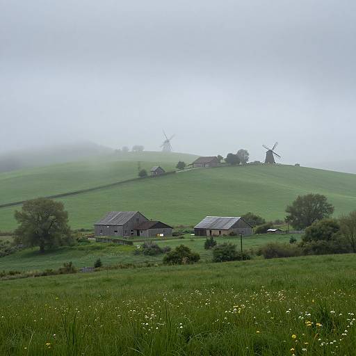 Photograph of a misty, green countryside with rustic wooden barns, wildflowers in the foreground, and windmills on a hilltop.