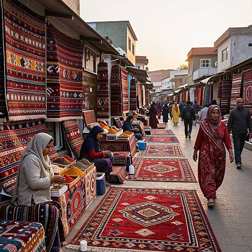 Vibrant photograph of a bustling outdoor market with women in colorful traditional dresses selling intricately patterned carpets on red rugs.