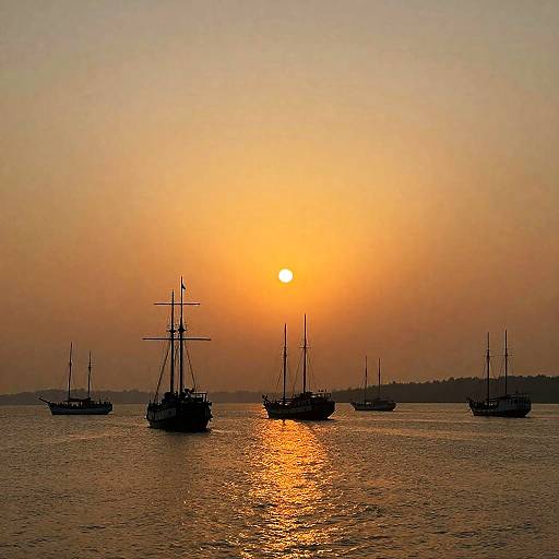 Misty Harbor Sunset with Silhouetted Ships