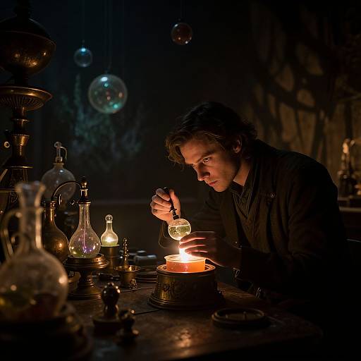 Photograph: Dark-haired man in black shirt, candlelit, pours liquid from flask into small glass, surrounded by vintage alchemy equipment, dimly