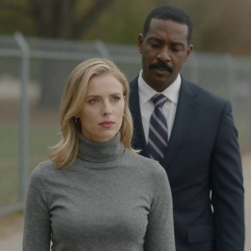 Photograph of a serious blonde woman in a grey turtleneck standing in front of a tall black man in a suit with a striped tie, background