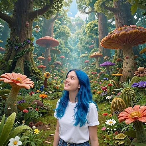 Photograph of a smiling woman with vibrant blue hair, white t-shirt, and blue skirt, standing in a whimsical, colorful forest with oversized mushrooms