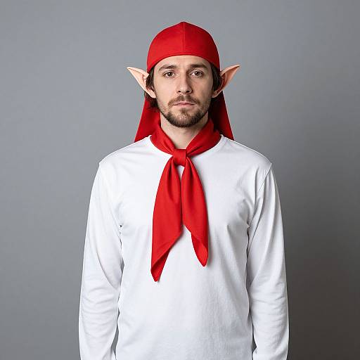 Photograph of a bearded man with pointed elf ears, wearing a red headscarf, red neckerchief, and white long-sleeve