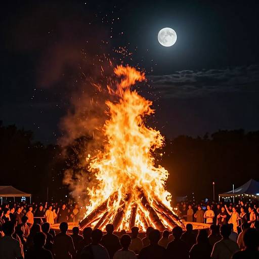 Photograph of a large bonfire at night, with a full moon in the dark sky, surrounded by a crowd of silhouetted people.