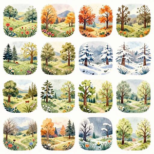 Digital watercolor illustration of 16 seasonal landscape scenes, showcasing trees in various stages of growth and seasons, including spring, summer, autumn, and winter