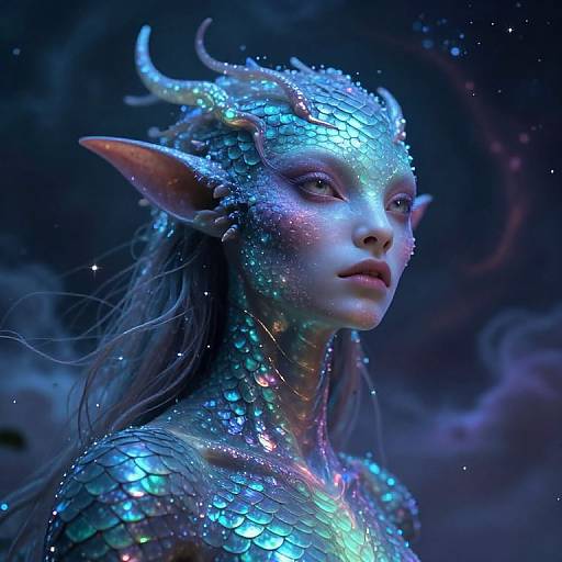 Digital artwork of a glowing, blue-scaled, elf-like female creature with pointed ears, horned head, and iridescent skin, set against