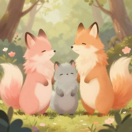 Digital illustration of three fluffy, cute foxes with pink, orange, and gray fur standing in a sunlit forest, surrounded by flowers and trees.