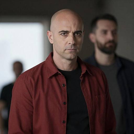 Serious Bald Man in Red Shirt