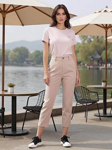 Photograph of a young woman with medium brown skin, dark hair, wearing a light pink top and beige pants, standing outdoors by a lakeside café
