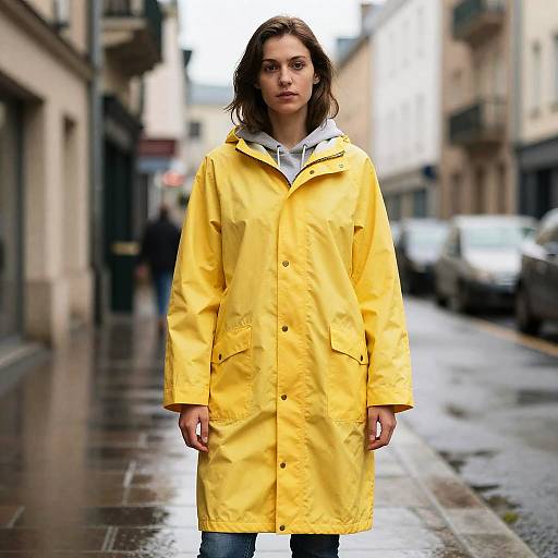 Woman in Yellow Raincoat on Street