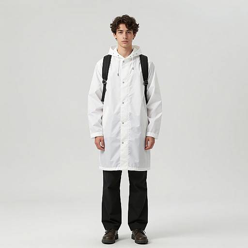 Realistic Young Man in White Raincoat