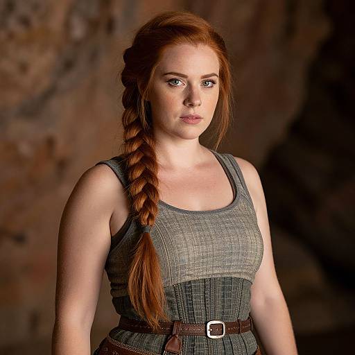 Photograph of a fair-skinned redheaded woman with a braided ponytail, wearing a gray, sleeveless, plaid dress with a brown