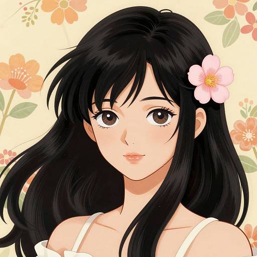 Digital anime-style portrait of a young woman with long black hair, brown eyes, and a pink flower in her hair, wearing a white strap top,