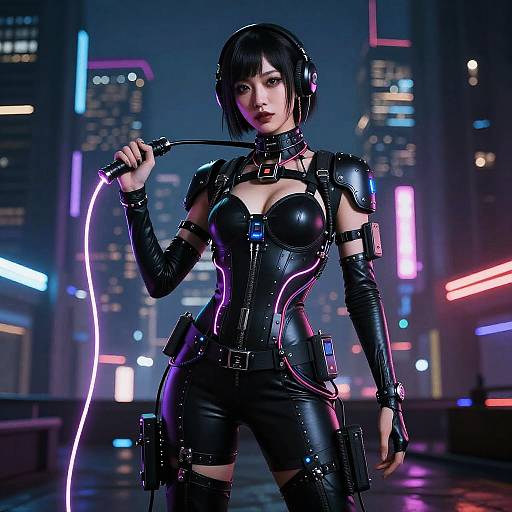CGI image of a cyberpunk woman with black bob hair, wearing a black leather bodysuit, holding a glowing whip, in a neon-l