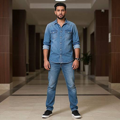 Photograph of a handsome man with dark hair and beard, wearing a blue denim shirt and jeans, black shoes, standing in a modern, marble-f