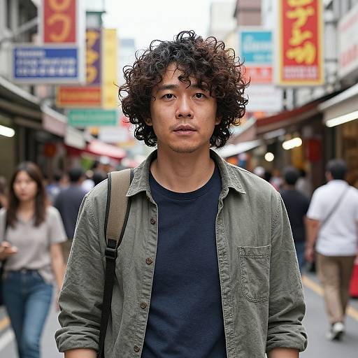 Photograph of a curly-haired Asian man with medium build, wearing a green shirt and black t-shirt, walking in a bustling urban street with colorful signs