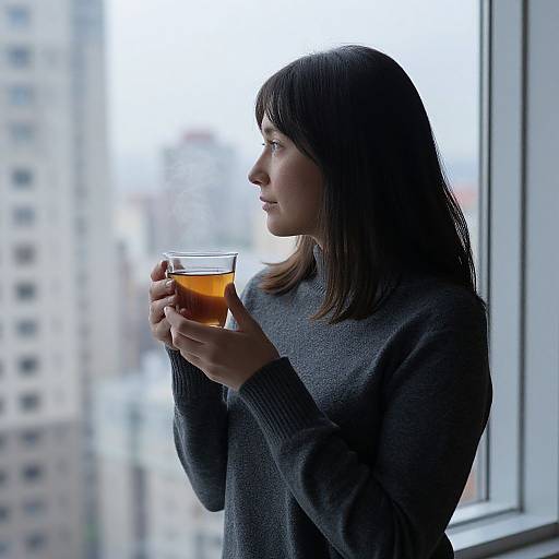 Photograph of a young woman with straight brown hair, wearing a gray sweater, holding a glass of amber liquid, standing by a window with blurred city