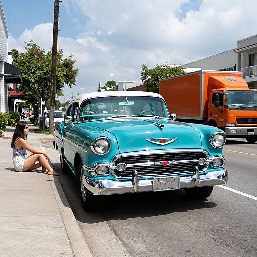 Turquoise Chevy on Urban Street