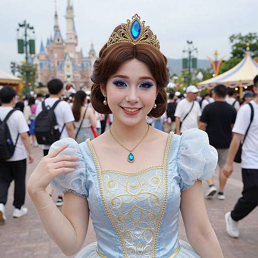 Asian woman in a blue princess dress with gold trim and a blue jeweled tiara, smiling at Disney theme park.