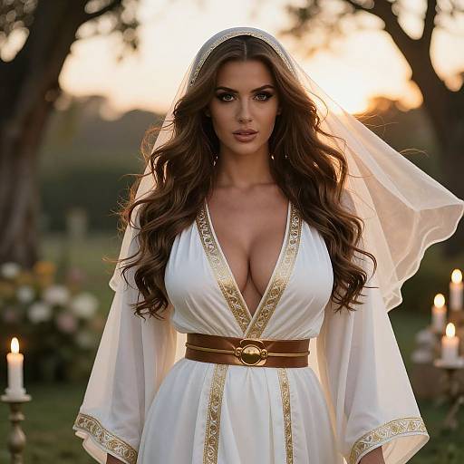 Photograph of a beautiful woman with long brown hair, large breasts, wearing a deep V-neck white gown with gold trim, brown belt, and white