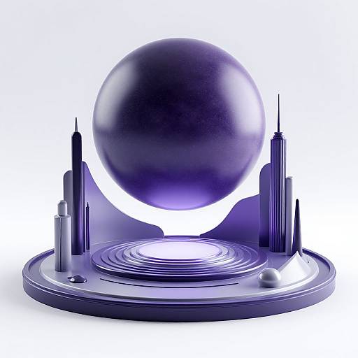 Digital artwork of a large, glossy purple sphere hovering above a futuristic, metallic platform with sleek, black skyscrapers on each side.