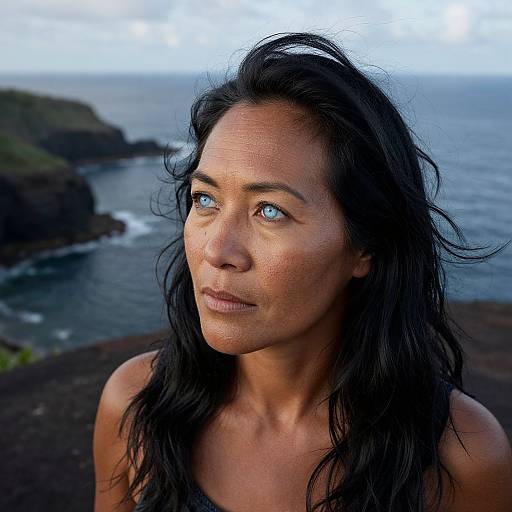 Photograph of a middle-aged Asian woman with long black hair, blue eyes, and tanned skin, gazing thoughtfully at the ocean with rocky