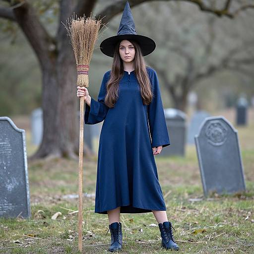 Photograph of a young woman in a black witch dress and hat, holding a broom, standing in a grassy cemetery with gravestones in
