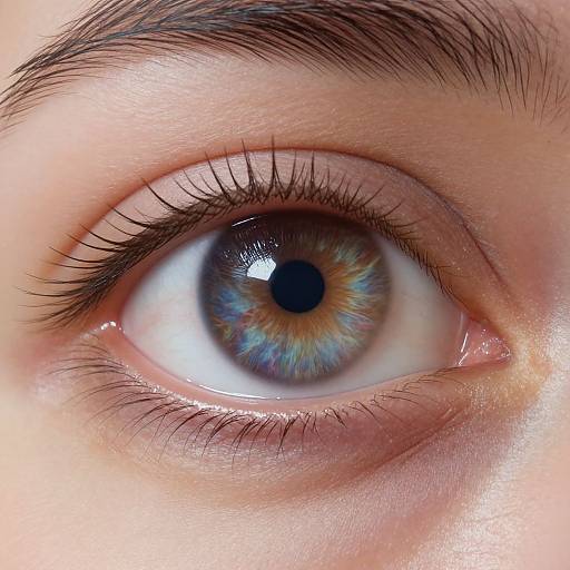 Close-up photograph of a human eye with a blue and brown iris, detailed eyelashes, and natural skin texture, showcasing vibrant color patterns.