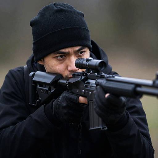 Male Sniper Aiming with Intense Focus