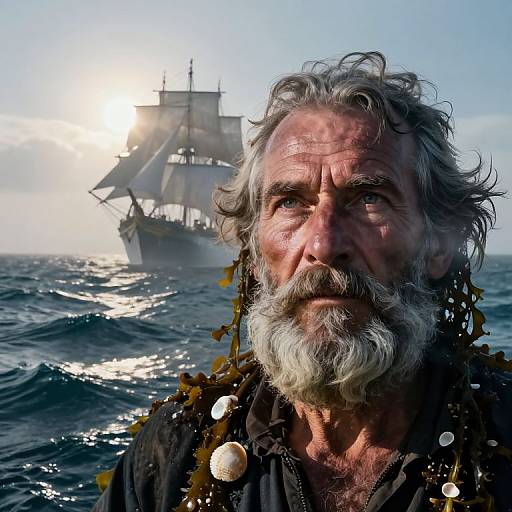 Photograph of a weathered, grey-bearded man in dark clothes, sea gourds around neck, with a sunlit, sailing ship in