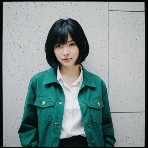 Young Woman in Green Jacket and White Shirt