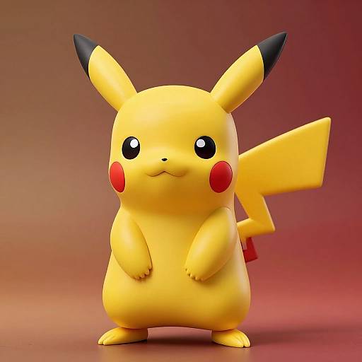 Photograph of a 3D-rendered Pikachu with yellow fur, black-tipped ears, red cheeks, and a lightning bolt tail, standing on