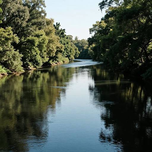 Photograph of a serene, reflective river surrounded by dense, green trees, with sunlight filtering through, creating a peaceful, natural scene.