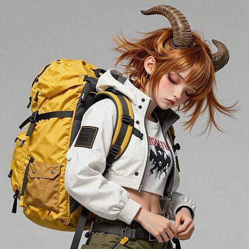 Digital artwork of a young woman with brown horns, orange backpack, white hoodie, and green pants, looking down with wind-swept red hair.