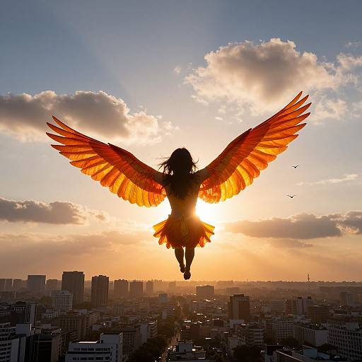 Silhouetted angel with fiery orange wings soaring over a cityscape at sunset, sun behind, clouds, and buildings in the background. Photograph.