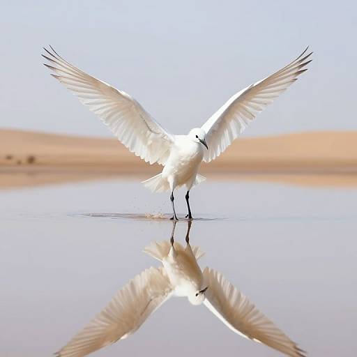 Photograph of a white seagull with wings spread, standing on reflective water, mirroring its wings and body in the calm surface. Desert background