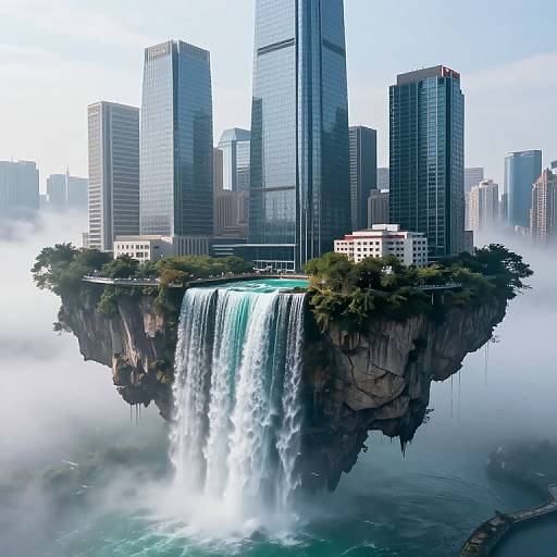 Photograph-style CGI of a futuristic cityscape with floating skyscrapers, featuring a large waterfall cascading from a rocky island.